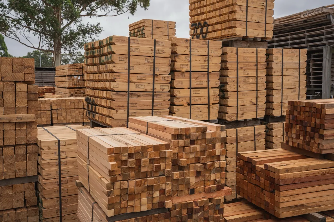 Stacked hardwood timber in the H&D timber yard
