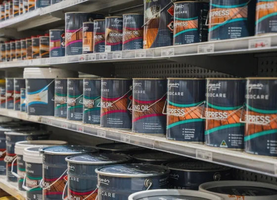 Paint range on the shelves at H&D Building Supplies