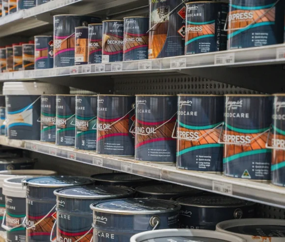 Paint range on the shelves at H&D Building Supplies