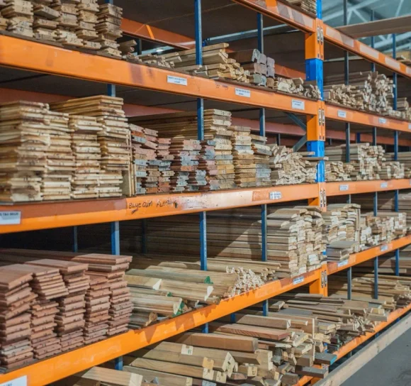 Timber aisle inside the H&D Building Supplies warehouse